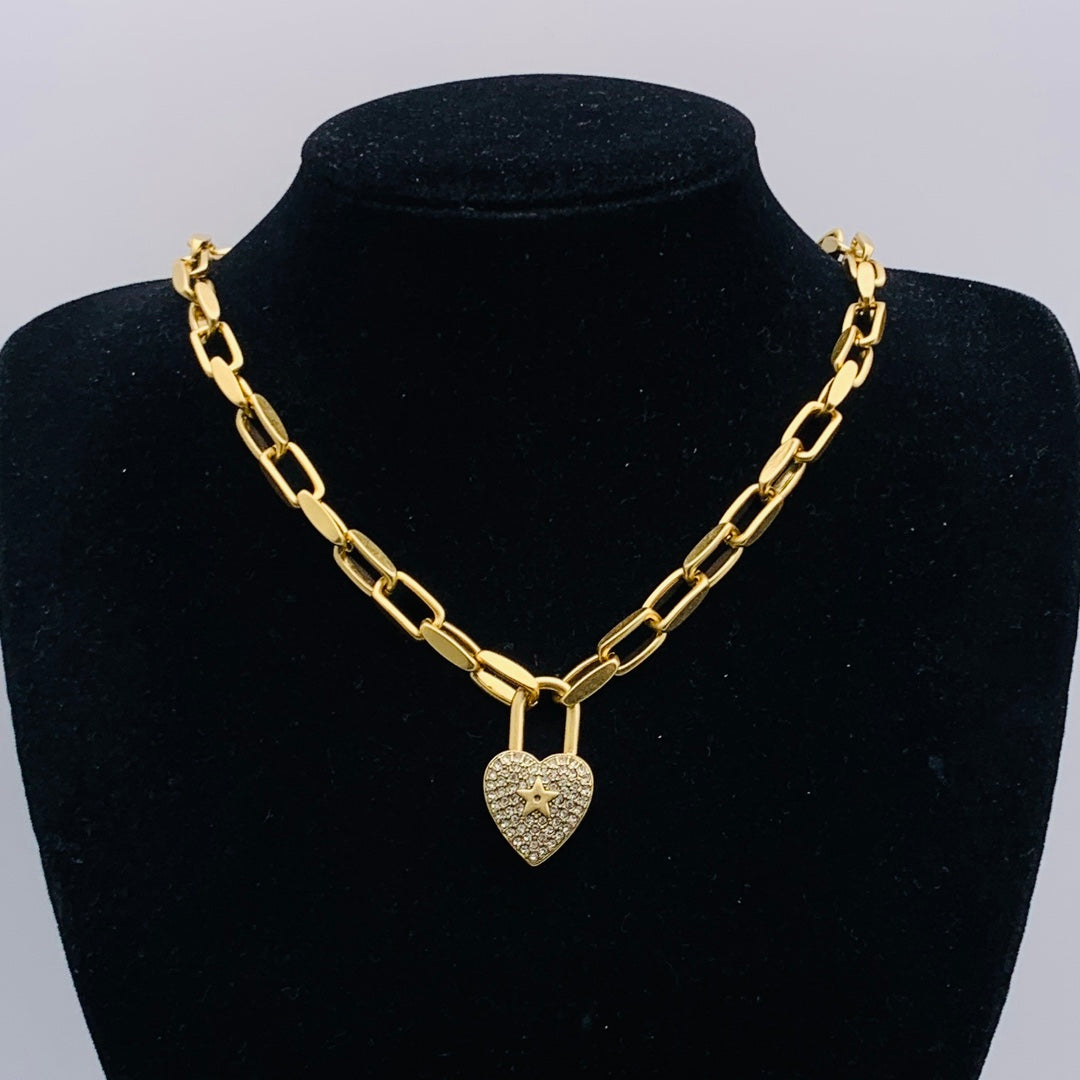 Gold Heart Lock Pendant Necklace – Chunky Chain with Crystal Detail