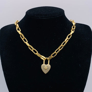 Gold Heart Lock Pendant Necklace – Chunky Chain with Crystal Detail