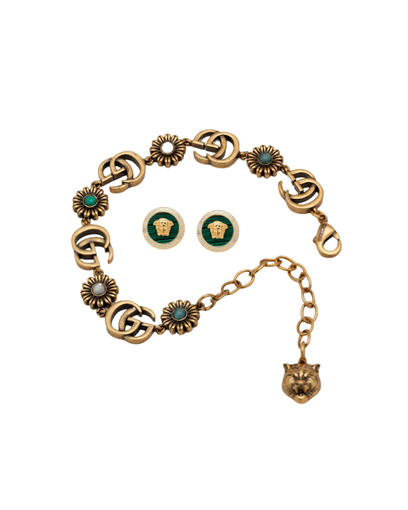 Golden Elegance Duo: Turquoise & Pearl Bracelet + Sophisticated Stud Earrings