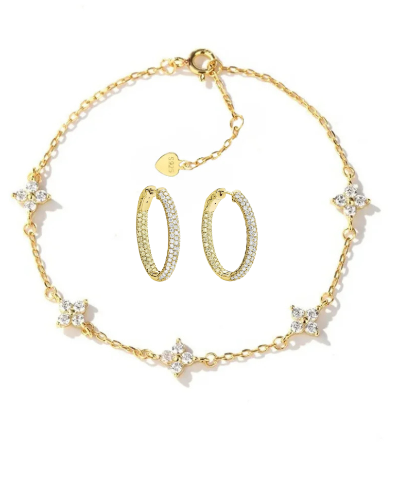 Kali Gold Duo: 18K Gold Plated Bracelet & Dazzling Stud Earrings with Zirconia Crystals