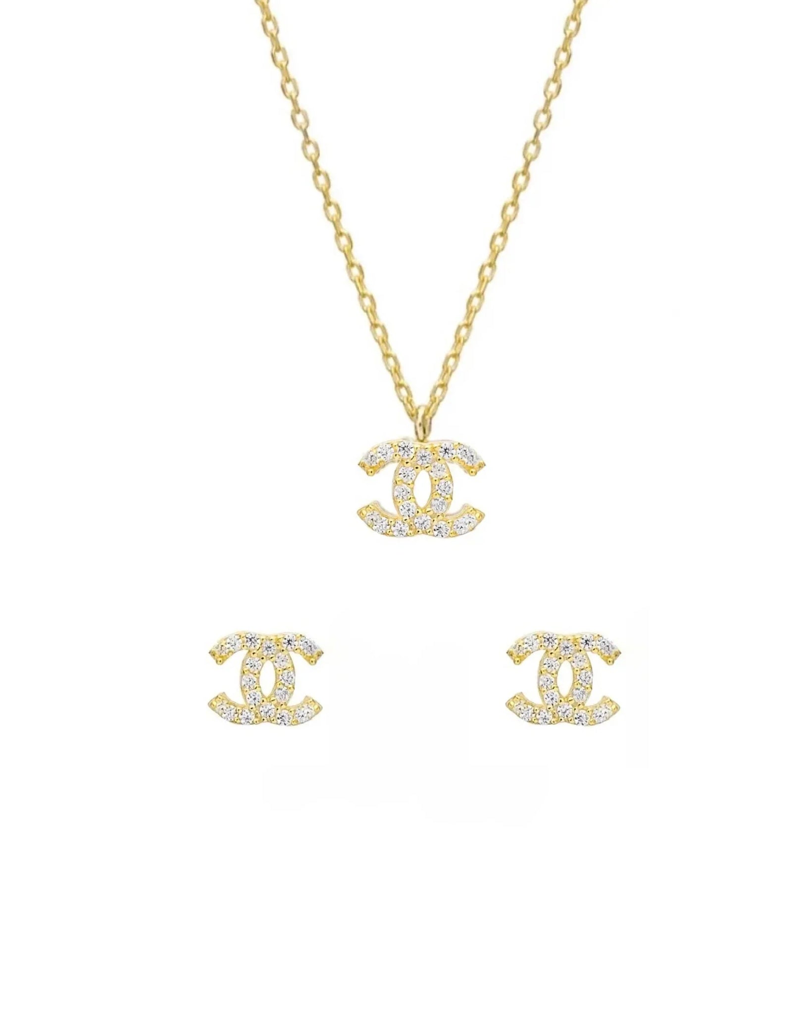 Elegant CC Set Gold Necklace and Earring Jewelry Set