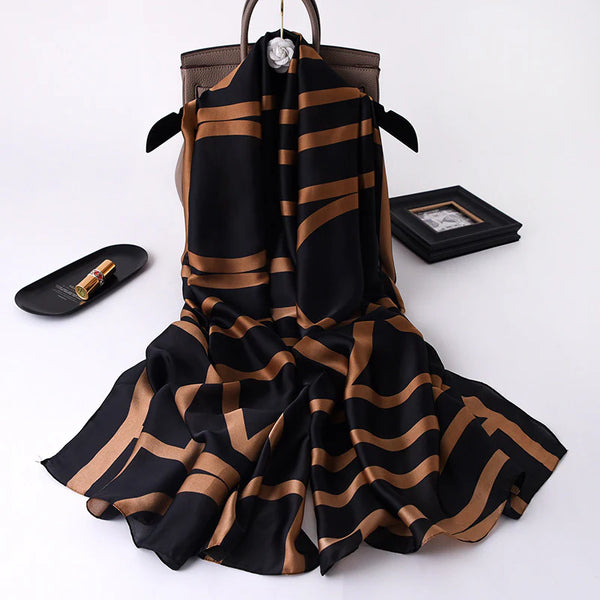 Luxury Printed Large Silk Scarf Black- LUXURY SCARF 90 * 180 CMS